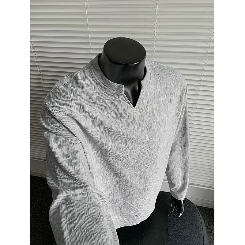 Herren Feinstrukturiertes Langarmshirt mit Stehkragen und V‑Einsatz Drune