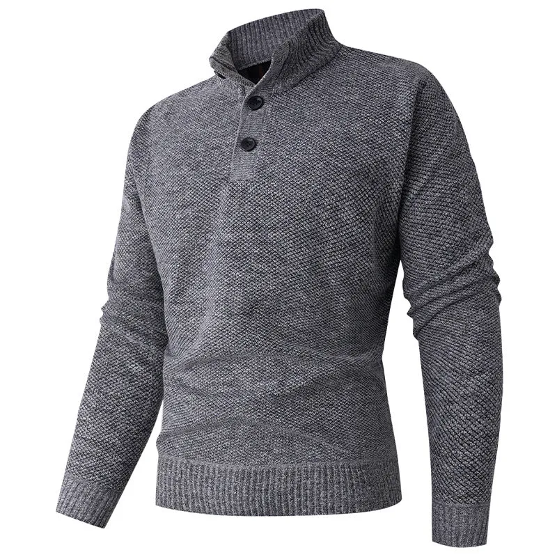 Herren Feinstruktur-Strickpullover mit Stehkragen und zweifacher Knopfleiste Drune