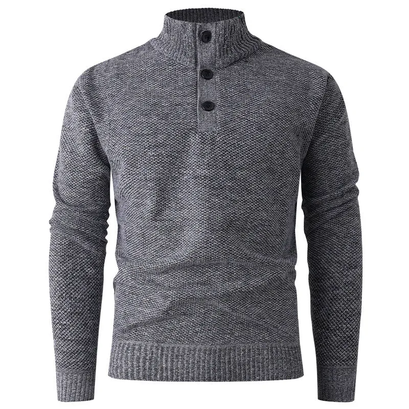 Herren Feinstruktur-Strickpullover mit Stehkragen und zweifacher Knopfleiste Drune