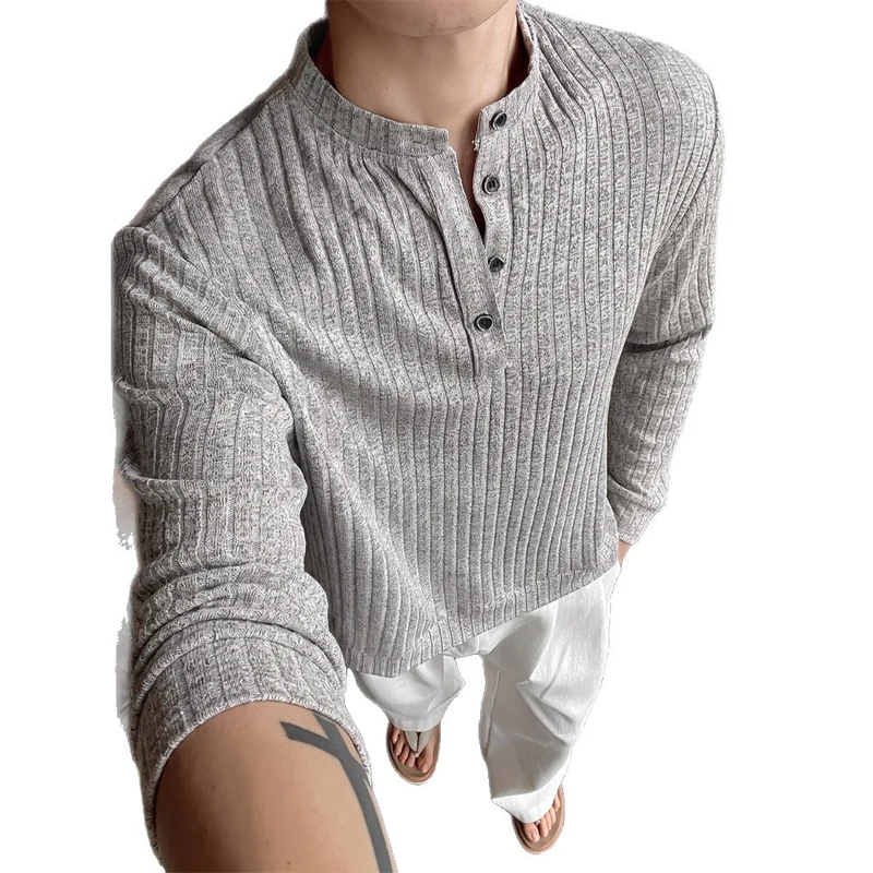 Herren Feinstruktur-Henley mit Stehkragen und dekorativer Knopfleiste Drune