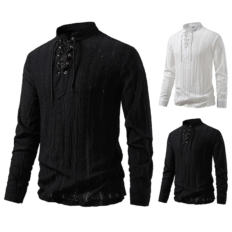Herren Feinstruktur Henley-Langarmshirt mit Schnürung und Stehkragen Drune