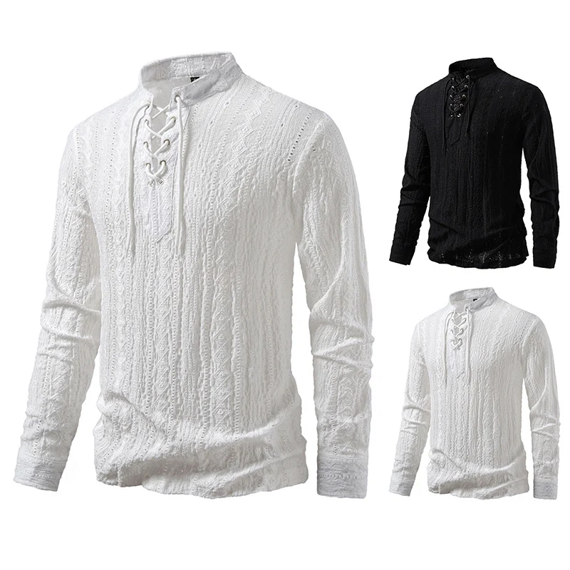 Herren Feinstruktur Henley-Langarmshirt mit Schnürung und Stehkragen Drune