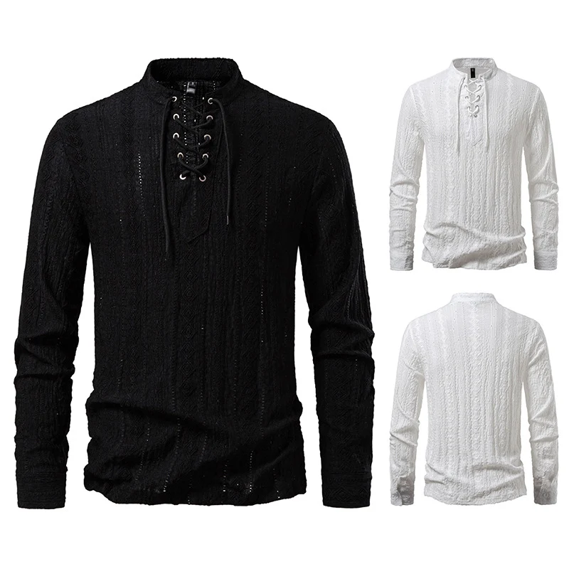 Herren Feinstruktur Henley-Langarmshirt mit Schnürung und Stehkragen Drune
