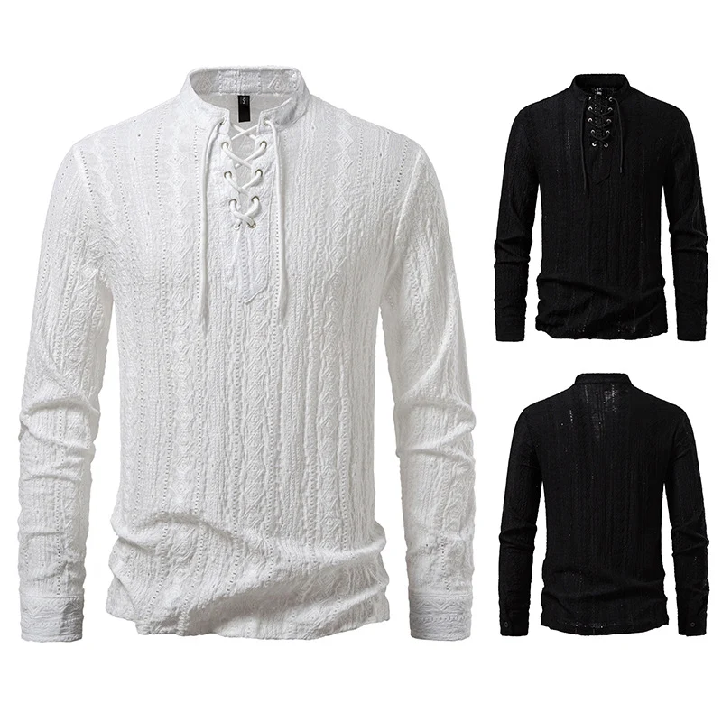 Herren Feinstruktur Henley-Langarmshirt mit Schnürung und Stehkragen Drune