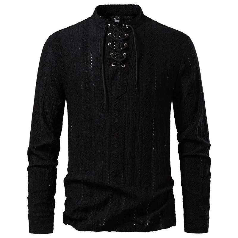 Herren Feinstruktur Henley-Langarmshirt mit Schnürung und Stehkragen Drune
