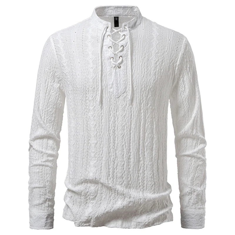 Herren Feinstruktur Henley-Langarmshirt mit Schnürung und Stehkragen Drune