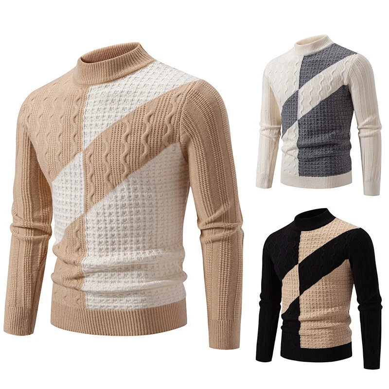 Herren Feinstrickpullover mit Zopfmuster, diagonalem Blockdesign und Stehkragen Drune
