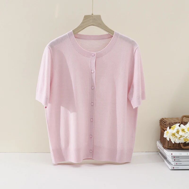Damen Kurzarm-Feinstrick-Cardigan mit Rundhalsausschnitt und durchgehender Knopfleiste Drune