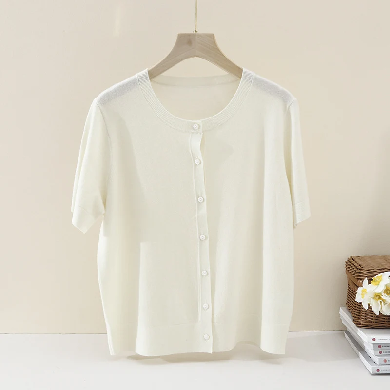 Damen Kurzarm-Feinstrick-Cardigan mit Rundhalsausschnitt und durchgehender Knopfleiste Drune