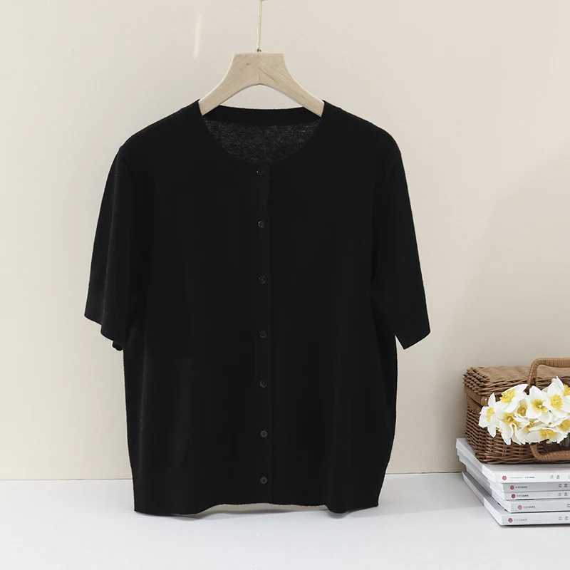 Damen Kurzarm-Feinstrick-Cardigan mit Rundhalsausschnitt und durchgehender Knopfleiste Drune