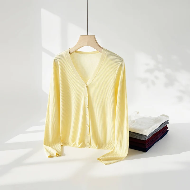 Damen Klassischer Feiner Rippen-Cardigan mit tiefem V-Ausschnitt und schmaler Silhouette Drune