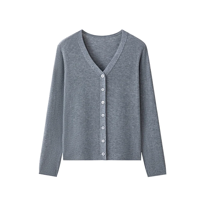 Damen Klassischer Feiner Rippen-Cardigan mit tiefem V-Ausschnitt und schmaler Silhouette Drune