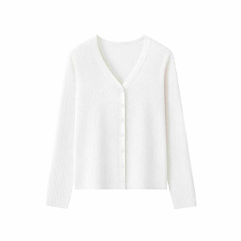 Damen Klassischer Feiner Rippen-Cardigan mit tiefem V-Ausschnitt und schmaler Silhouette Drune