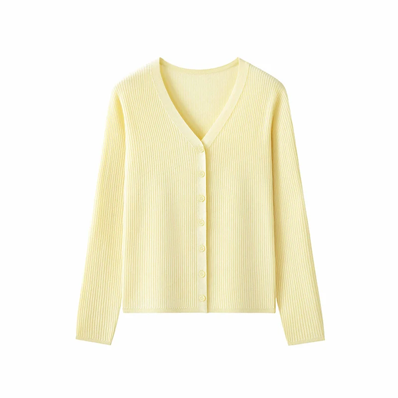 Damen Klassischer Feiner Rippen-Cardigan mit tiefem V-Ausschnitt und schmaler Silhouette Drune