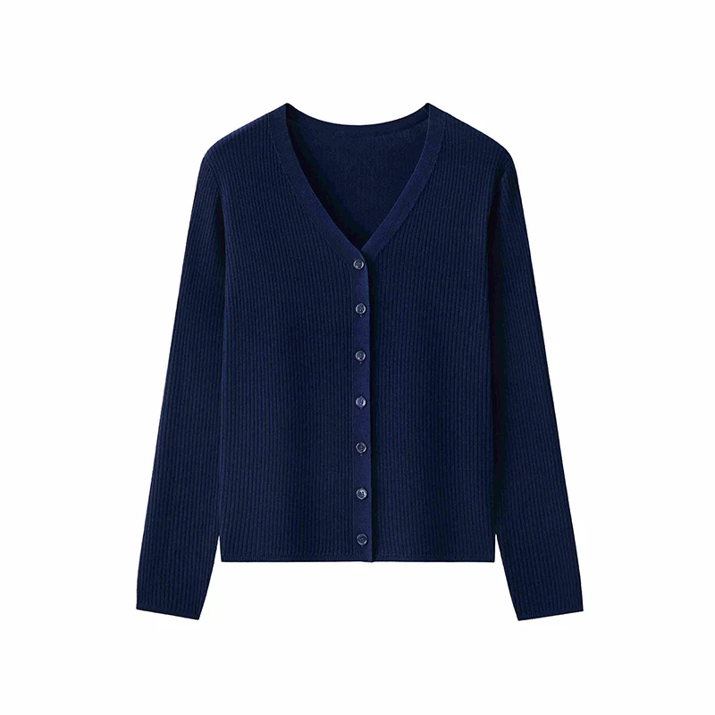 Damen Klassischer Feiner Rippen-Cardigan mit tiefem V-Ausschnitt und schmaler Silhouette Drune