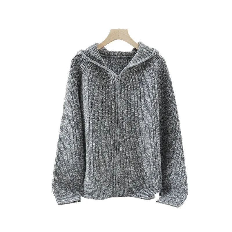 Damen Grobgestrickte Kapuzenjacke mit durchgehendem Reißverschluss und Raglanärmeln Drune