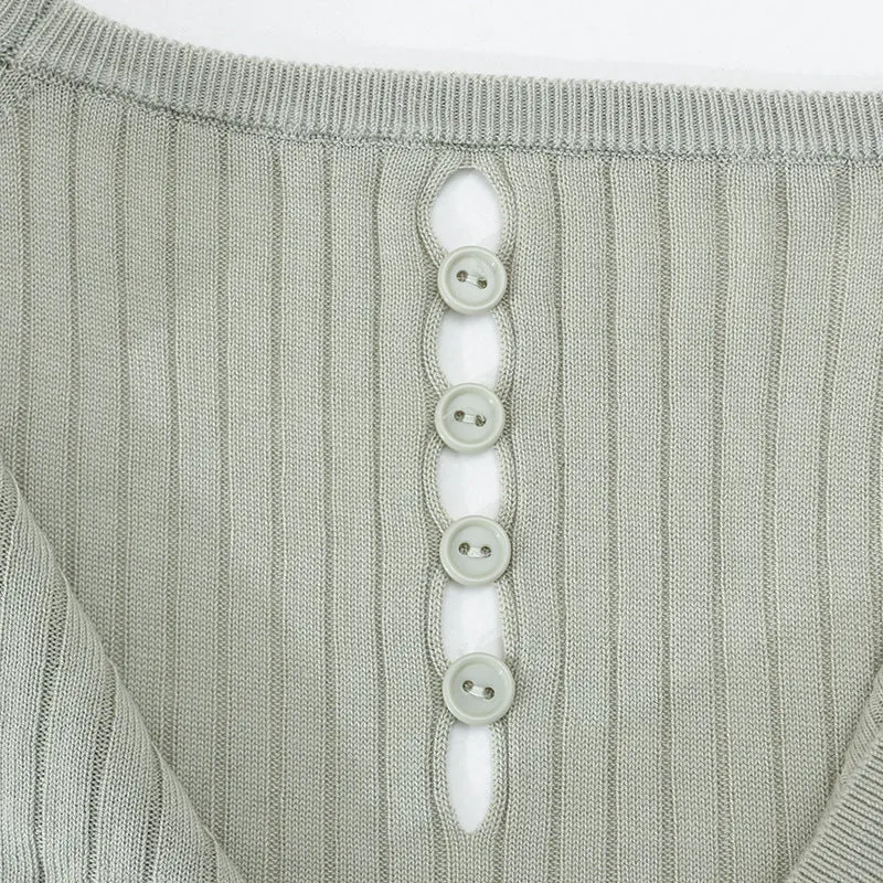 Damen Geripptes Kurzarm-Strickshirt mit Rundhalsausschnitt und Schlüsselloch-Detail Drune
