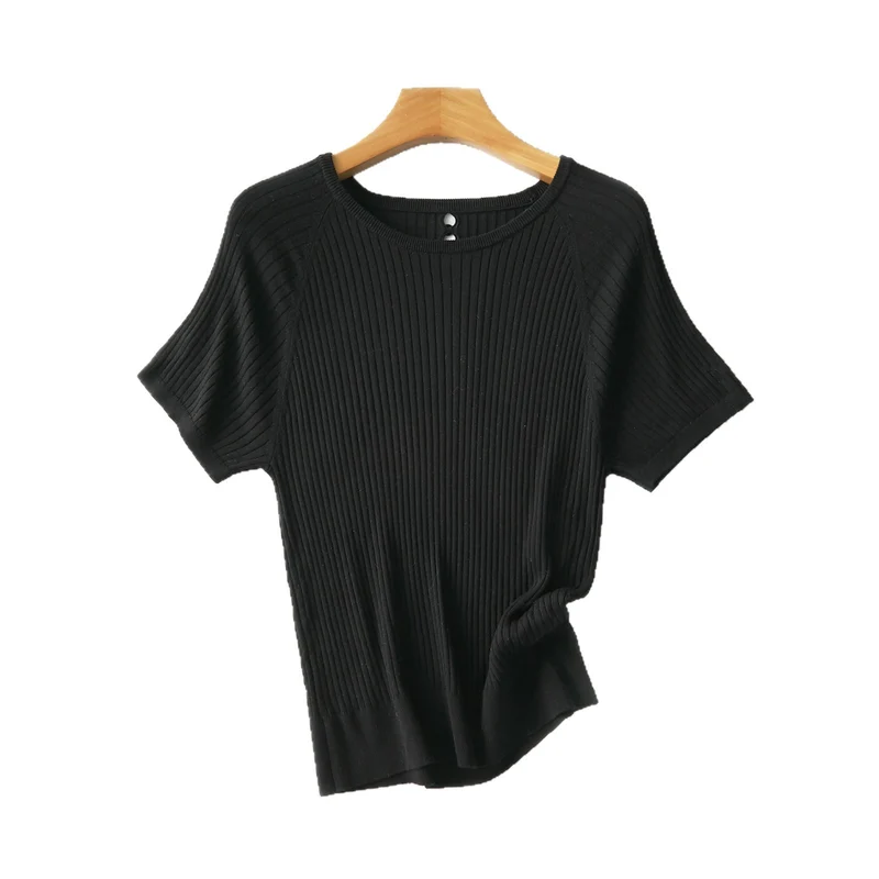 Damen Geripptes Kurzarm-Strickshirt mit Rundhalsausschnitt und Schlüsselloch-Detail Drune