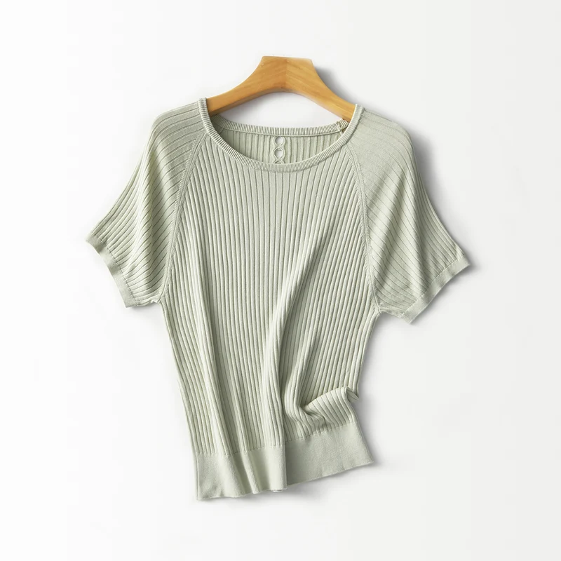 Damen Geripptes Kurzarm-Strickshirt mit Rundhalsausschnitt und Schlüsselloch-Detail Drune