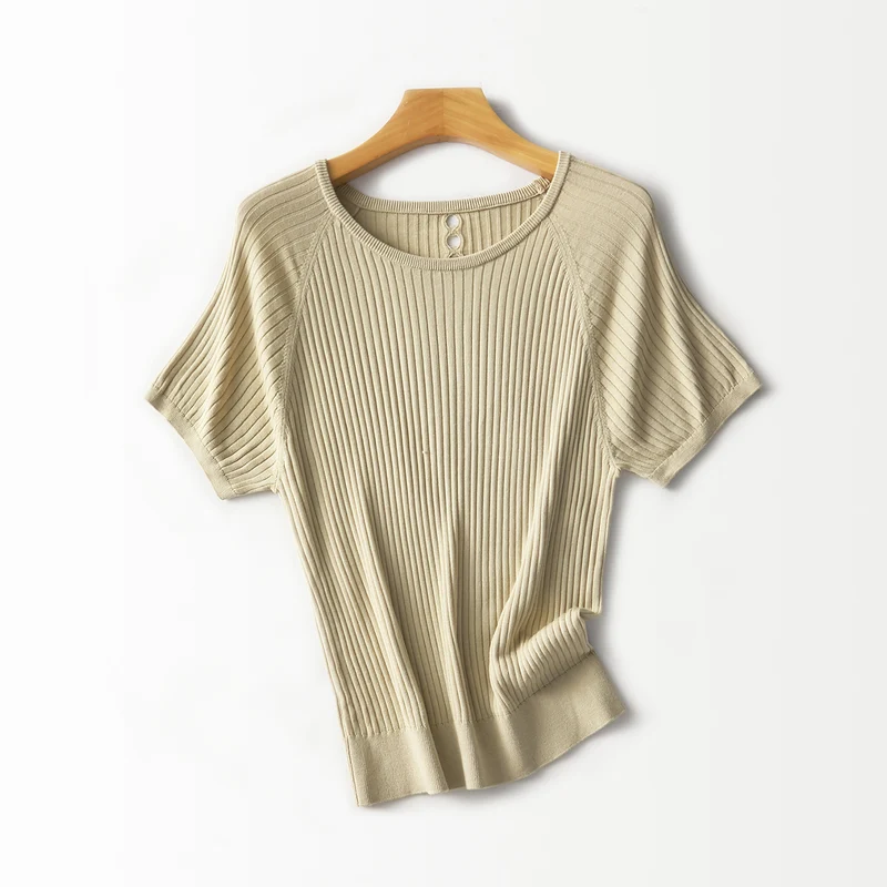 Damen Geripptes Kurzarm-Strickshirt mit Rundhalsausschnitt und Schlüsselloch-Detail Drune