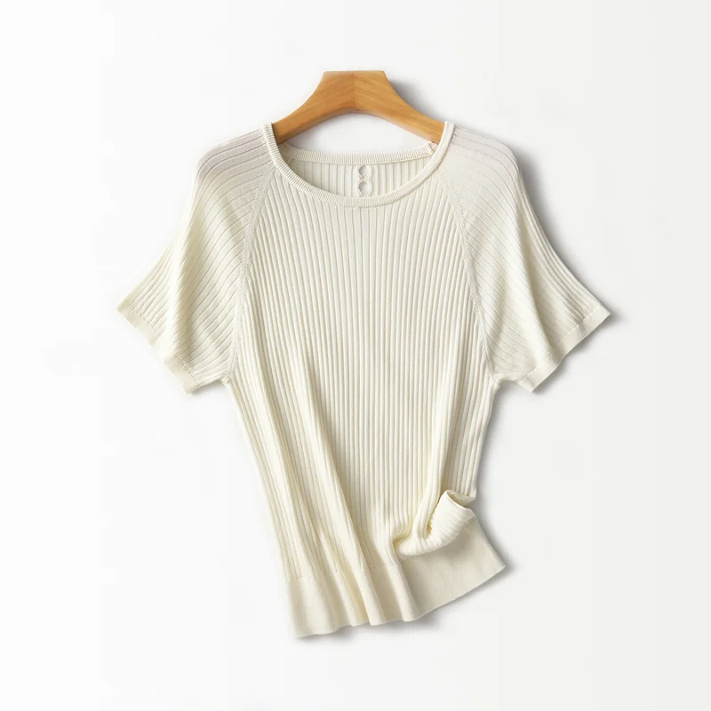 Damen Geripptes Kurzarm-Strickshirt mit Rundhalsausschnitt und Schlüsselloch-Detail Drune