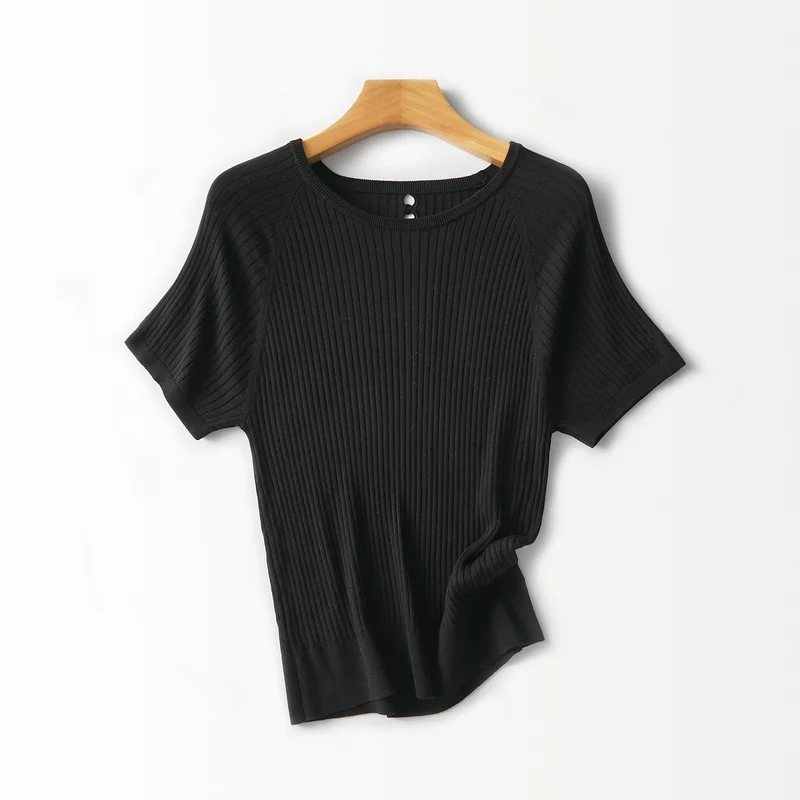 Damen Geripptes Kurzarm-Strickshirt mit Rundhalsausschnitt und Schlüsselloch-Detail Drune