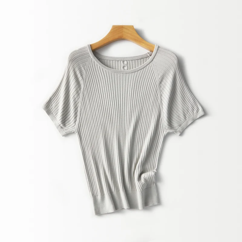 Damen Geripptes Kurzarm-Strickshirt mit Rundhalsausschnitt und Schlüsselloch-Detail Drune