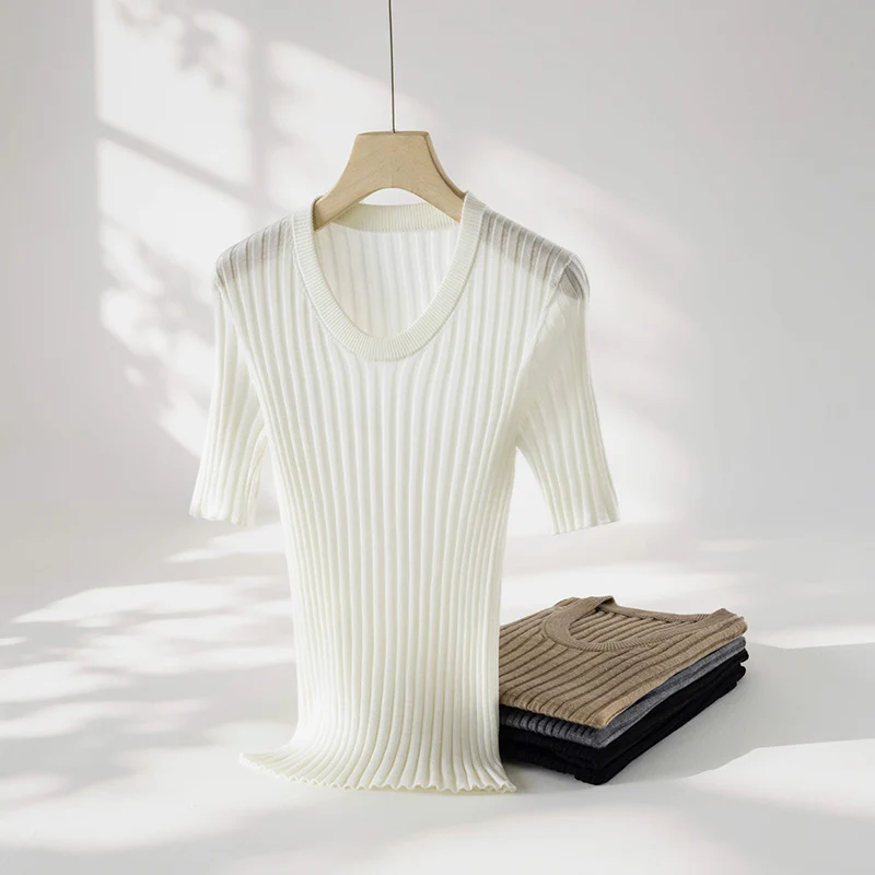 Damen Geripptes Feinstrickshirt mit tiefem U-Ausschnitt und halblangen Ärmeln Drune