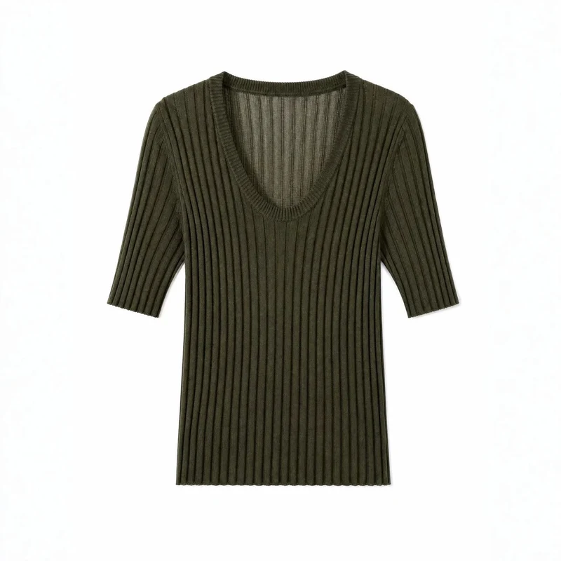 Damen Geripptes Feinstrickshirt mit tiefem U-Ausschnitt und halblangen Ärmeln Drune