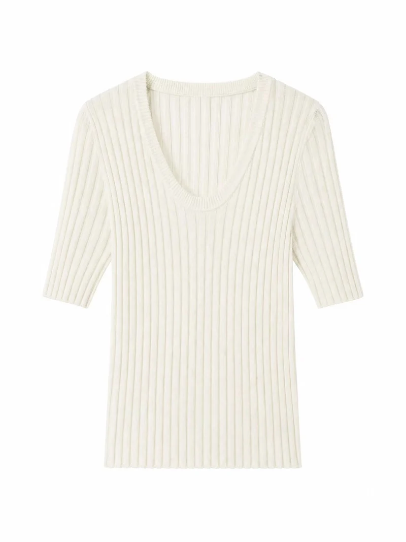 Damen Geripptes Feinstrickshirt mit tiefem U-Ausschnitt und halblangen Ärmeln Drune