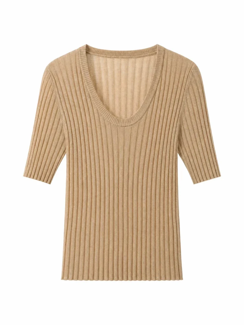 Damen Geripptes Feinstrickshirt mit tiefem U-Ausschnitt und halblangen Ärmeln Drune