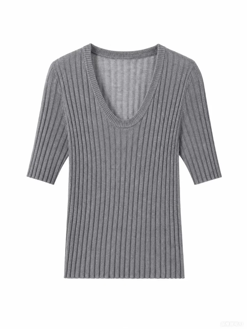 Damen Geripptes Feinstrickshirt mit tiefem U-Ausschnitt und halblangen Ärmeln Drune