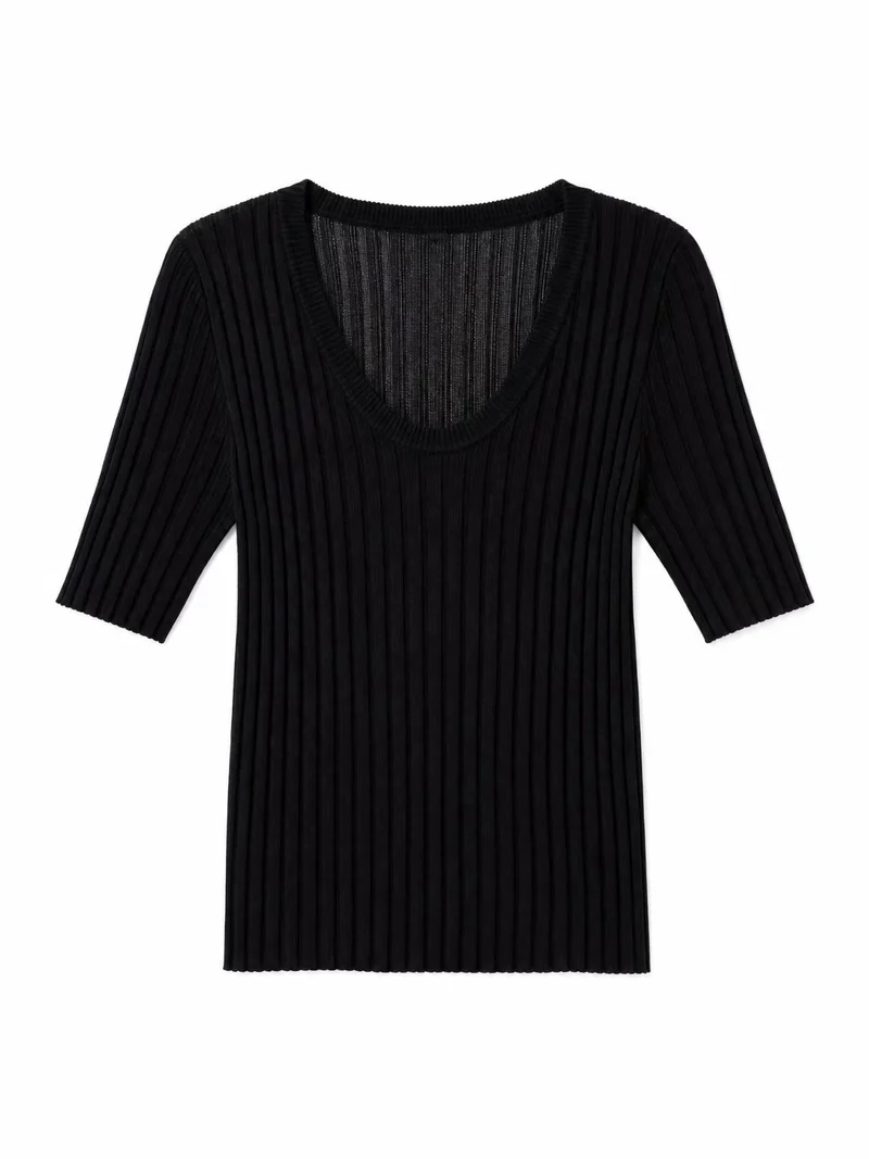 Damen Geripptes Feinstrickshirt mit tiefem U-Ausschnitt und halblangen Ärmeln Drune