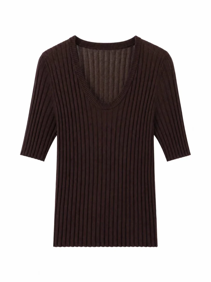 Damen Geripptes Feinstrickshirt mit tiefem U-Ausschnitt und halblangen Ärmeln Drune