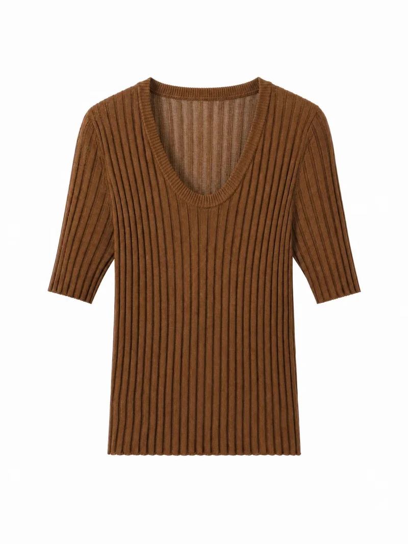 Damen Geripptes Feinstrickshirt mit tiefem U-Ausschnitt und halblangen Ärmeln Drune