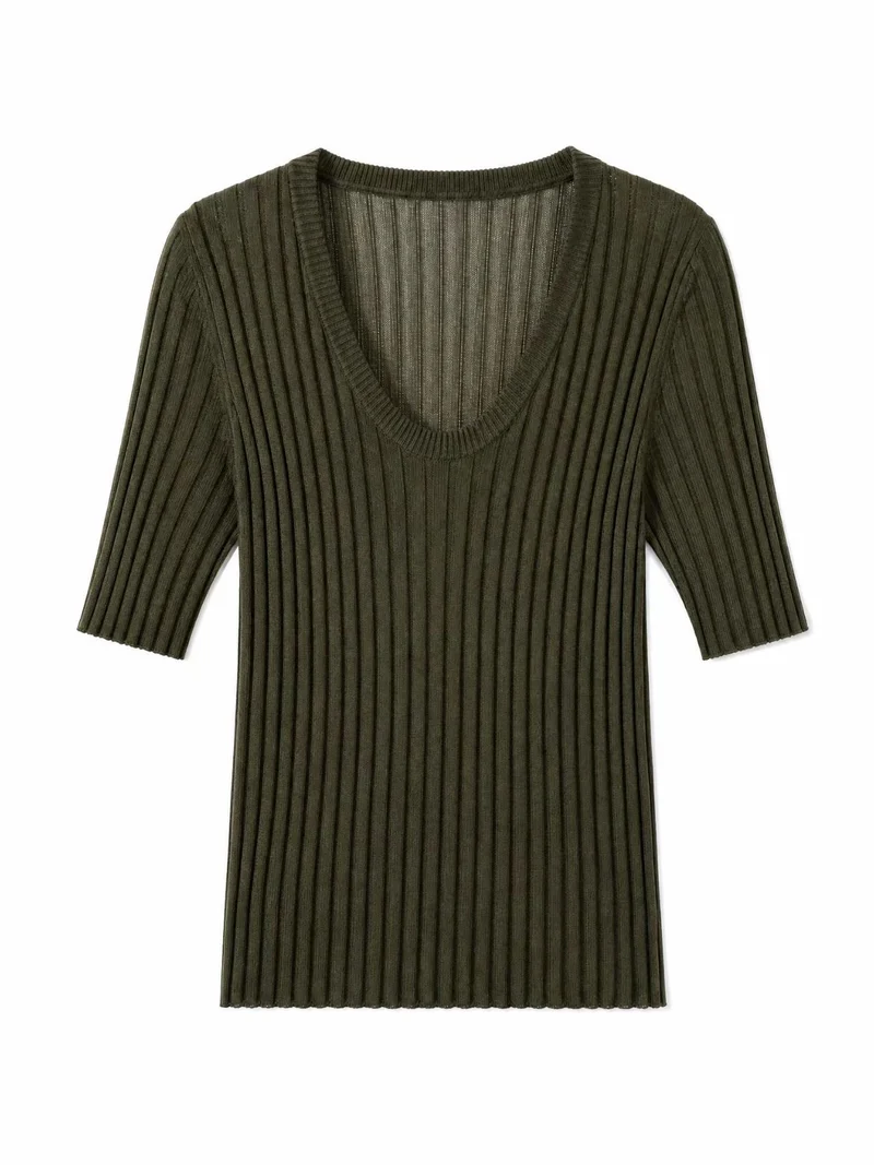 Damen Geripptes Feinstrickshirt mit tiefem U-Ausschnitt und halblangen Ärmeln Drune