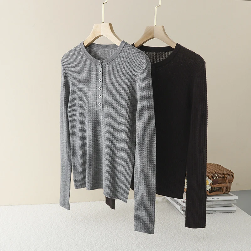 Damen Gerippter Henley-Feinstrickpullover mit schmaler Silhouette Drune