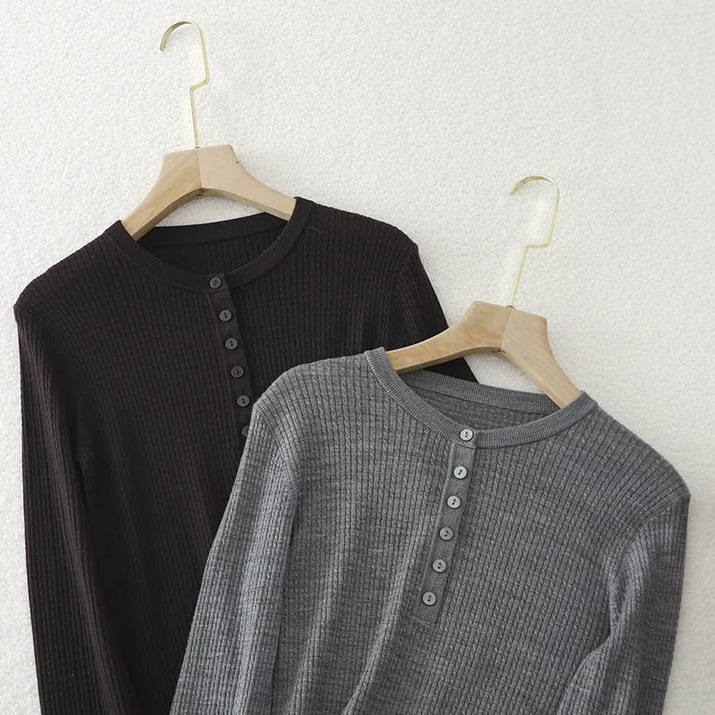 Damen Gerippter Henley-Feinstrickpullover mit schmaler Silhouette Drune