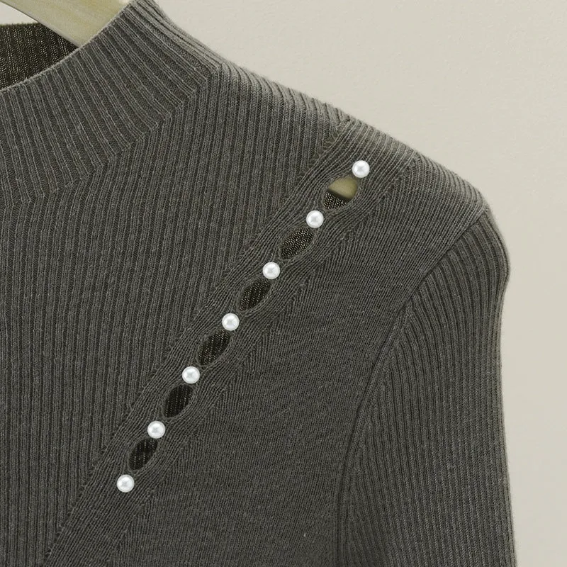 Damen Feinstrick-Pullover mit Perlenbesatz und Zierlochkante Drune