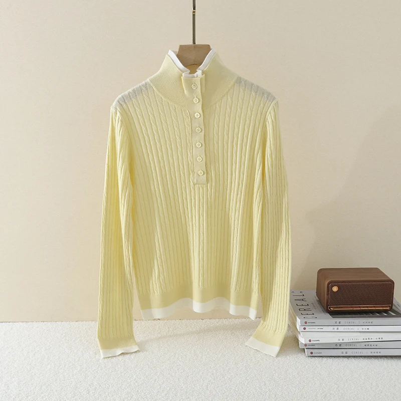 Damen Feinstrick-Polo-Pullover mit Rippstruktur, Stehkragen und Knopfleiste Drune