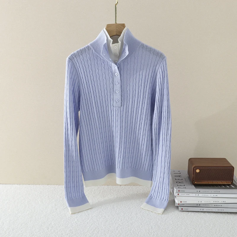 Damen Feinstrick-Polo-Pullover mit Rippstruktur, Stehkragen und Knopfleiste Drune