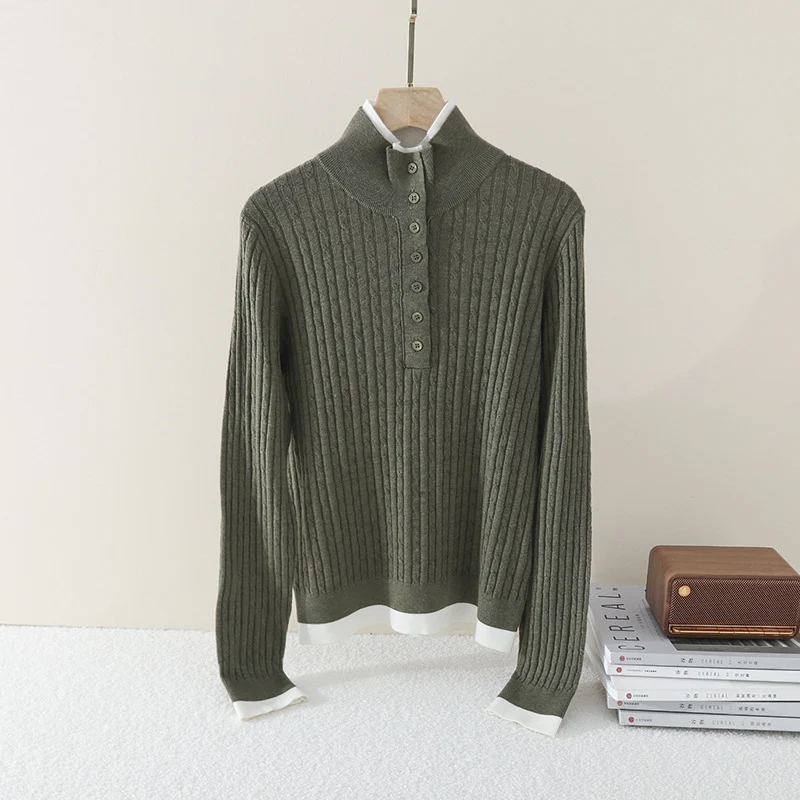 Damen Feinstrick-Polo-Pullover mit Rippstruktur, Stehkragen und Knopfleiste Drune