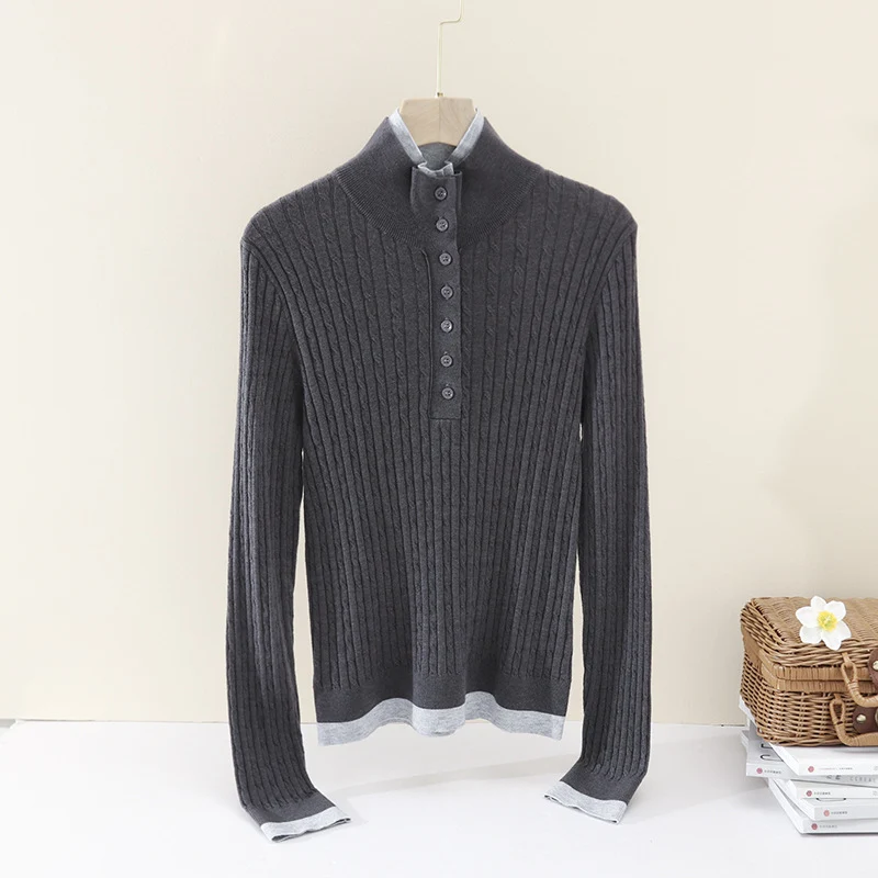 Damen Feinstrick-Polo-Pullover mit Rippstruktur, Stehkragen und Knopfleiste Drune