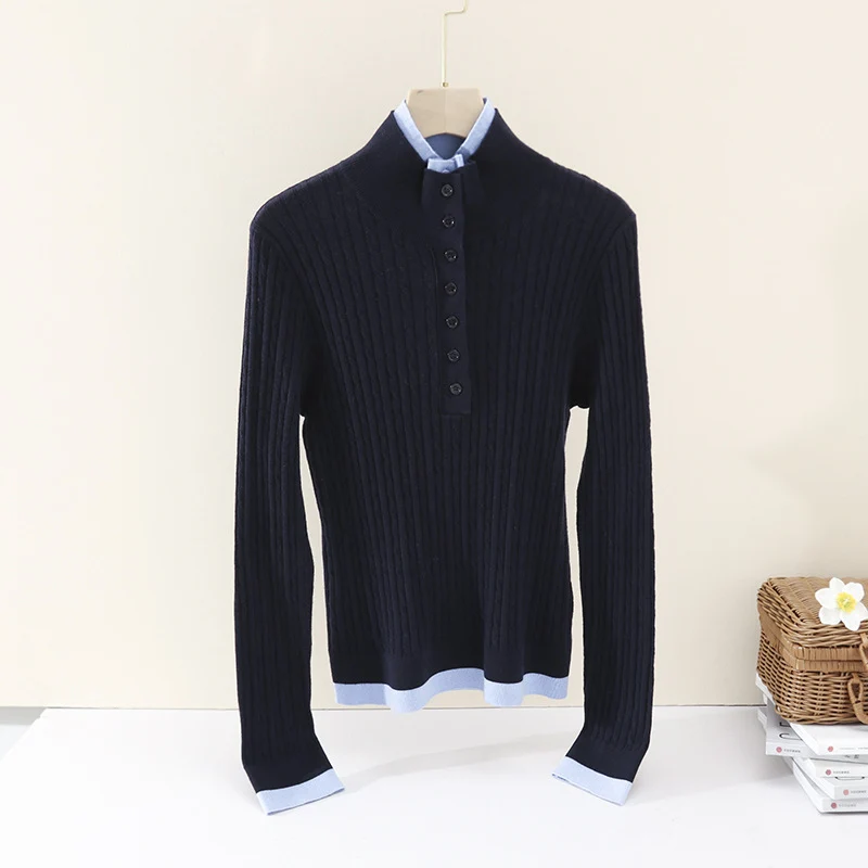 Damen Feinstrick-Polo-Pullover mit Rippstruktur, Stehkragen und Knopfleiste Drune
