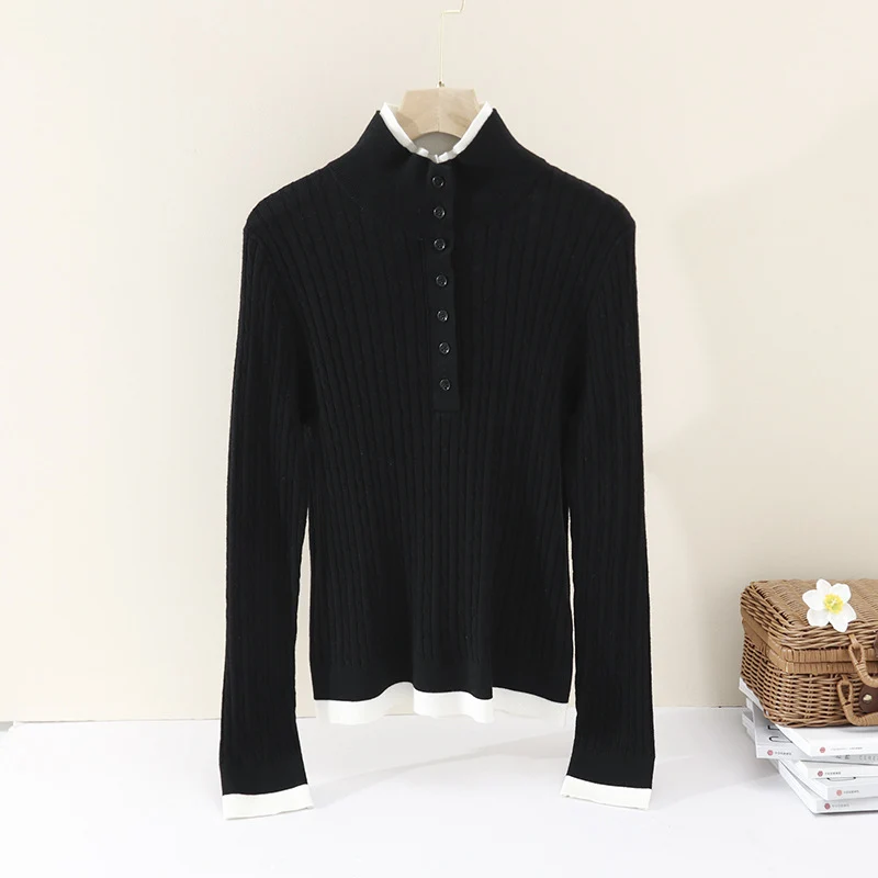 Damen Feinstrick-Polo-Pullover mit Rippstruktur, Stehkragen und Knopfleiste Drune