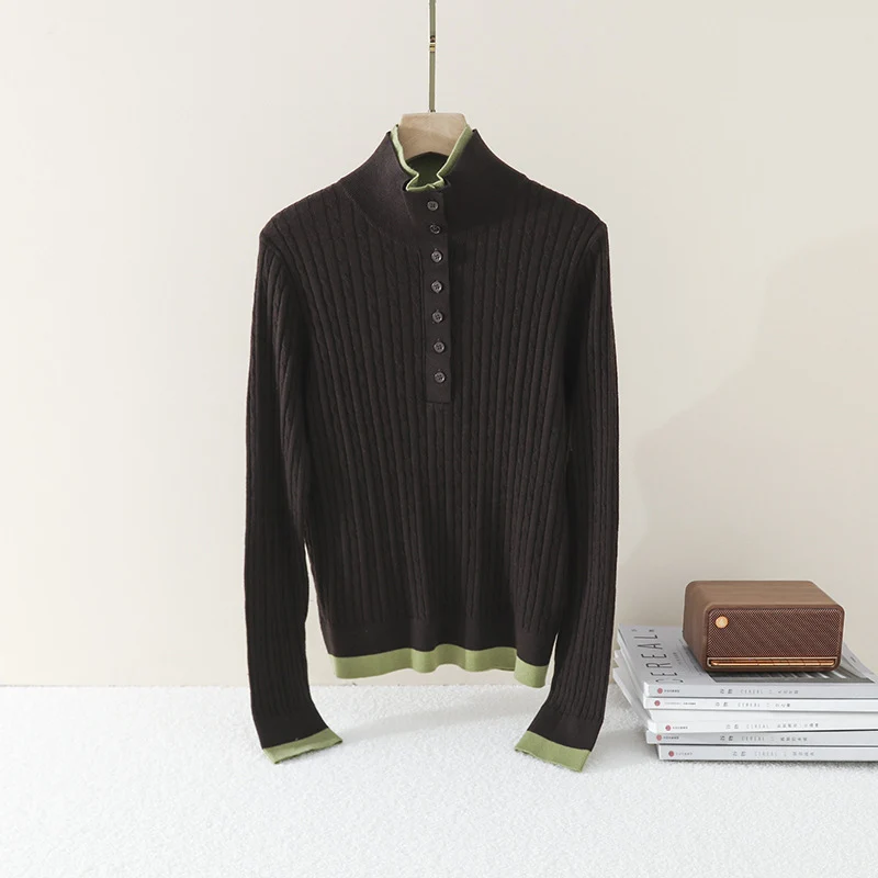 Damen Feinstrick-Polo-Pullover mit Rippstruktur, Stehkragen und Knopfleiste Drune