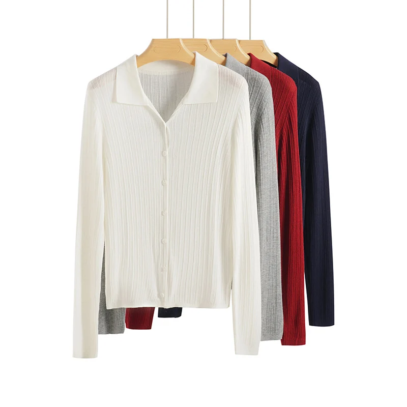 Damen Feinstrick-Cardigan mit Rippenstruktur, Knopfleiste und Polokragen Drune