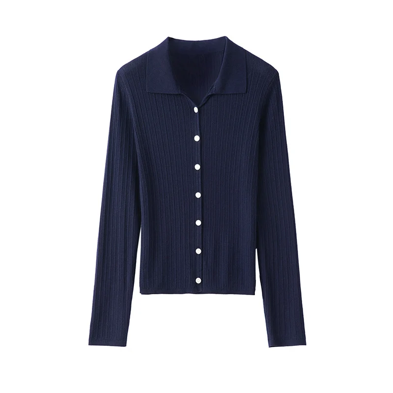 Damen Feinstrick-Cardigan mit Rippenstruktur, Knopfleiste und Polokragen Drune