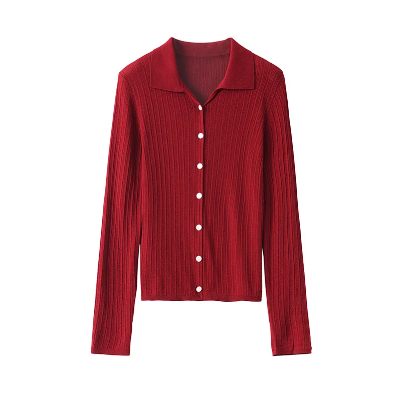 Damen Feinstrick-Cardigan mit Rippenstruktur, Knopfleiste und Polokragen Drune