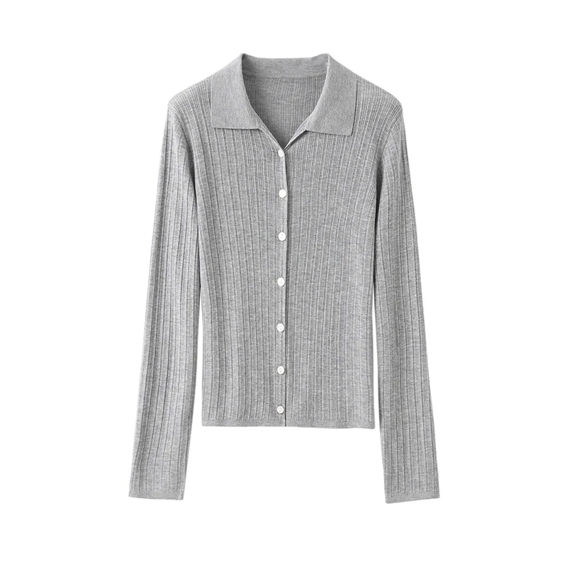 Damen Feinstrick-Cardigan mit Rippenstruktur, Knopfleiste und Polokragen Drune